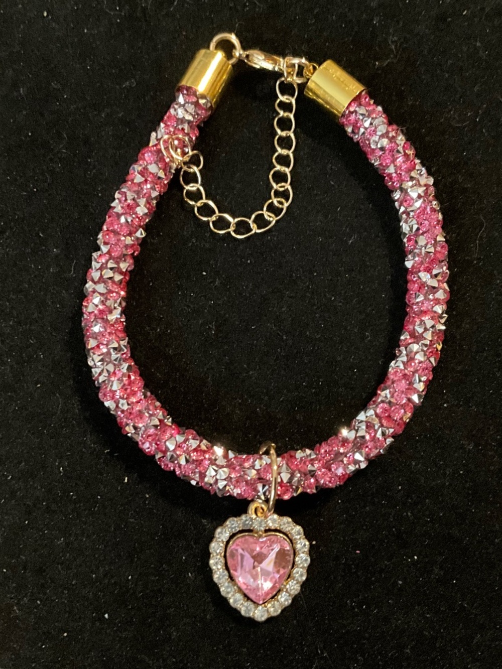Pink Rhinestone Pet Necklace Heart Charm Dog Cat Adjustable 7.87in + Ext